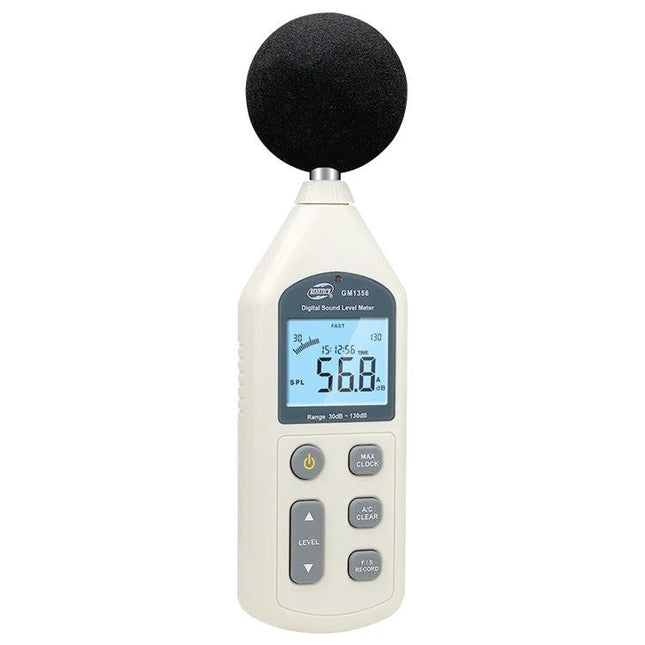 Handheld Digital Sound Level Meter for Environmental Noise Measurement showing digital display reading 56.8 dB with windscreen microphone