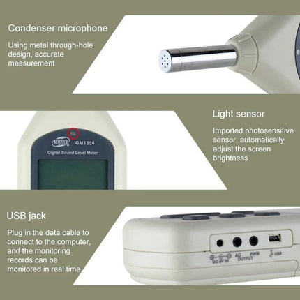 Handheld Digital Sound Level Meter for Environmental Noise Measurement — portable device showing condenser microphone, light sensor and USB jack
