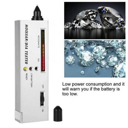 Portable Diamond and Moissanite Tester for Everyday Gem Checking handheld device with indicator lights and loose diamonds