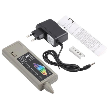 Portable Moissanite and Diamond Tester with US Plug compact tester kit showing main probe, US plug adapter, wire and instruction leaflet