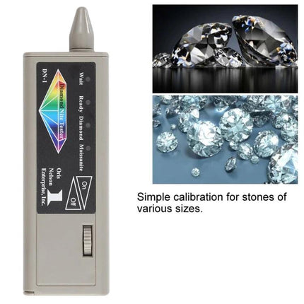 Portable Moissanite and Diamond Tester with US Plug handheld device next to loose diamonds and calibration images