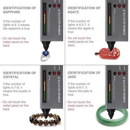 Easy to Use Diamond Selector II for Gemstone Testing showing tester identifying sapphire, agate, crystal, jade with audible and visual indicators