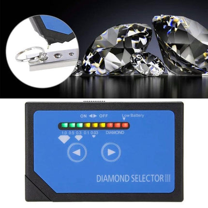 Compact Portable Diamond Selector for Quick Gem Testing handheld electronic tester showing LED display next to cut diamonds