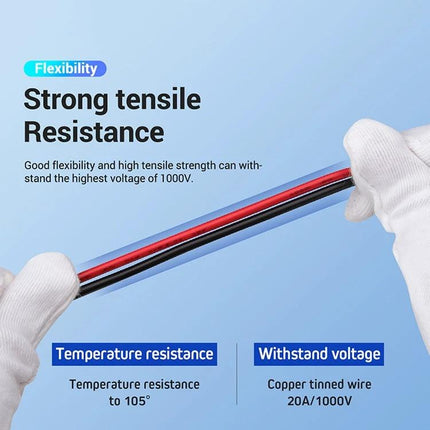 Multimeter Test Leads for Safe Electrical Measurements: close-up of flexible PVC red and black gold-plated probe leads, gloved hands showing strong tensile and 1000V withstand
