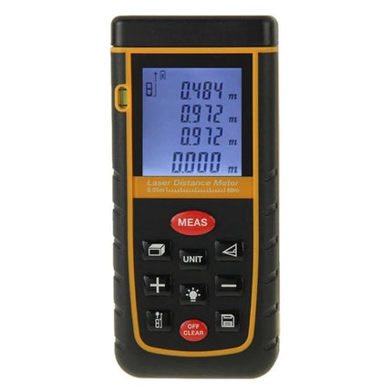 Hand-Held 60m Laser Distance Meter with Bubble Level showing screen, buttons, and built-in bubble level for accurate measurements