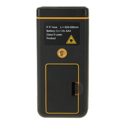 Hand-Held 60m Laser Distance Meter with Bubble Level – rear view showing battery compartment and tripod mount, compact black and yellow design