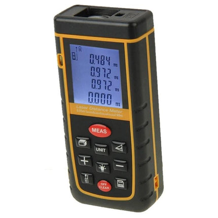 Hand-Held 60m Laser Distance Meter with Bubble Level showing digital display, measurement buttons and built-in bubble level for accurate alignment