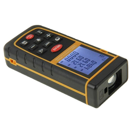 Hand-Held 60m Laser Distance Meter with Bubble Level showing backlit LCD and control buttons for measuring distances