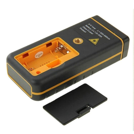 Hand-Held 60m Laser Distance Meter with Bubble Level - back view showing battery compartment and removable cover, black and yellow handheld unit