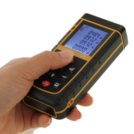Hand-Held 60m Laser Distance Meter with Bubble Level held in hand showing backlit display and buttons for fast distance, area and volume measurements