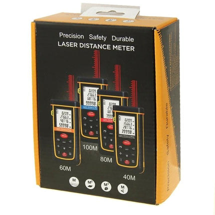 Hand-Held 60m Laser Distance Meter with Bubble Level in retail box showing device image and range markings