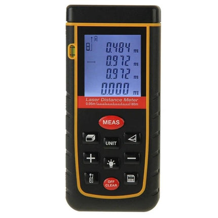 Hand-Held Laser Distance Meter with 80-Meter Range for Easy Measuring - compact black and yellow laser distance meter showing measurement display and buttons