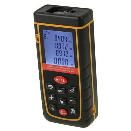 Hand-Held Laser Distance Meter with 80-Meter Range for Easy Measuring — compact black-yellow device showing digital readings and keypad