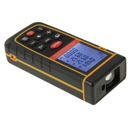 Hand-Held Laser Distance Meter with 80-Meter Range for Easy Measuring showing angled view, illuminated display and control buttons