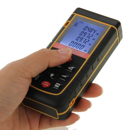 Hand-Held Laser Distance Meter with 80-Meter Range for Easy Measuring held in hand showing illuminated display and buttons