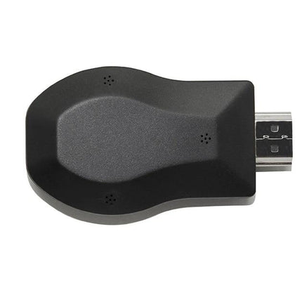 Alt Tag: EZCast Wireless HDMI Dongle for TV Streaming from Devices black dongle plugged into HDMI port for mirroring and streaming