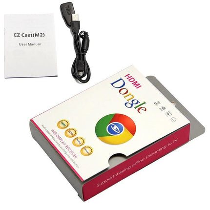 EZCast Wireless HDMI Dongle for TV Streaming from Devices showing dongle, USB cable and user manual in packaging