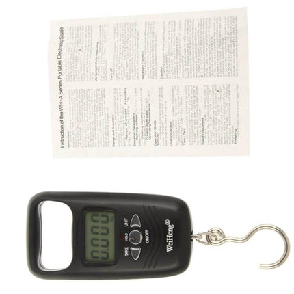 Travel Luggage Scale 50 Kg Capacity With Backlit LCD handheld black scale with blue backlit LCD and hook, compact travel weight checker