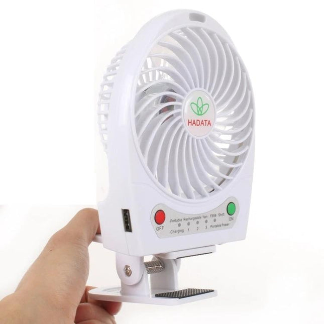 Hadata 4.3 Inch Portable Rechargeable Clip Fan for Daily Cooling compact white clip-on fan shown attached to table edge