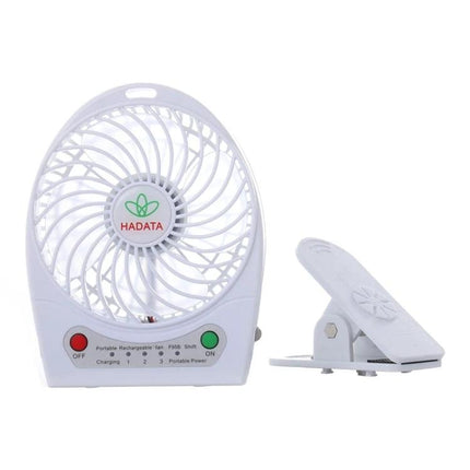 Hadata 4.3 Inch Portable Rechargeable Clip Fan for Daily Cooling shown clipped to a desk and placed on a table, compact white personal cooling fan