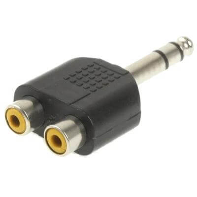 Stereo Audio Adapter: 6.35mm Male to 2 RCA Female for Headphones Adapter for Audio Connections, close-up of black 6.35mm to dual RCA female converter