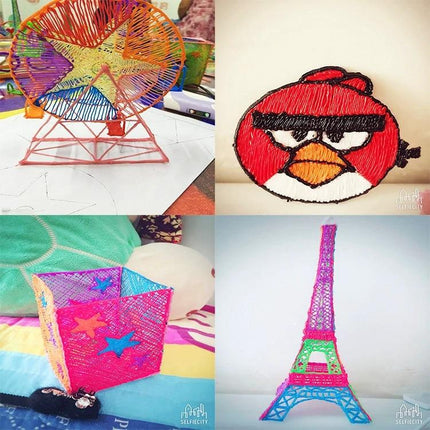 Hand-Held 3D Printing Pen for Art and Creative Design with EU Plug creating colorful 3D filament models like Eiffel Tower, Ferris wheel, box and Angry Bird