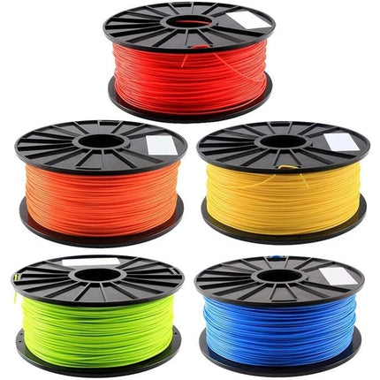 Fluorescent PLA 1.75 mm Filament for 3D Printing Models - five vibrant neon spools (red, orange, yellow, green, blue) for glowing UV prints