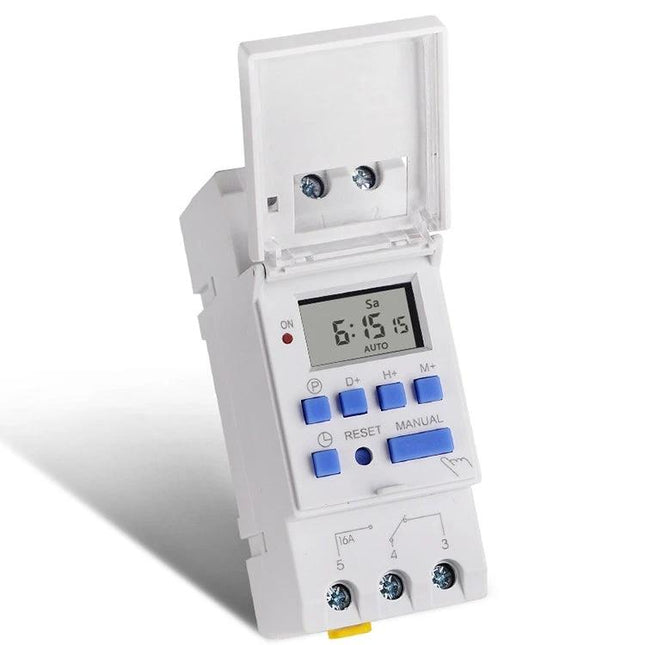 Weekly Programmable Digital LCD Electronic Timer for Scheduling Tasks - white DIN rail timer with LCD, buttons and protective cover for weekly on/off programs