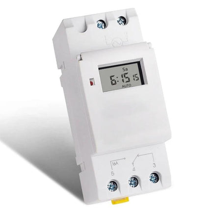 Weekly Programmable Digital LCD Electronic Timer for Scheduling Tasks white DIN rail mounted timer with LCD display and programming buttons