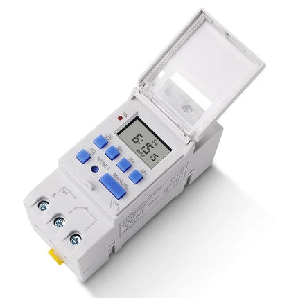 Weekly Programmable Digital LCD Electronic Timer for Scheduling Tasks - White DIN rail timer with LCD, buttons and clear protective cover