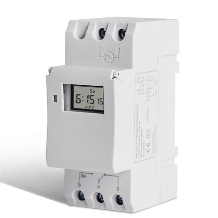Weekly Programmable Digital LCD Electronic Timer for Scheduling Tasks white DIN rail timer with LCD showing 6:15 and weekly schedule