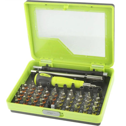 53-Piece Multi-Purpose Precision Screwdriver Set for Repairs in green case with assorted bits and magnetic driver ready for electronics and DIY