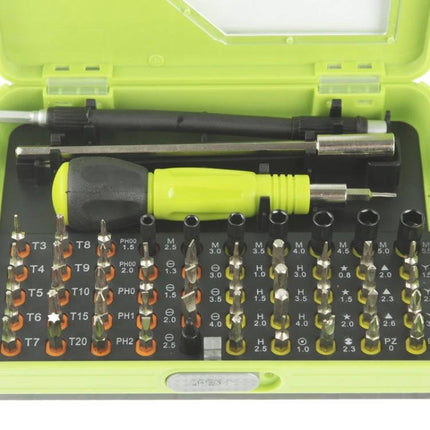 53-Piece Multi-Purpose Precision Screwdriver Set for Repairs neatly organized in a lime case with 53 assorted bits for electronics and DIY