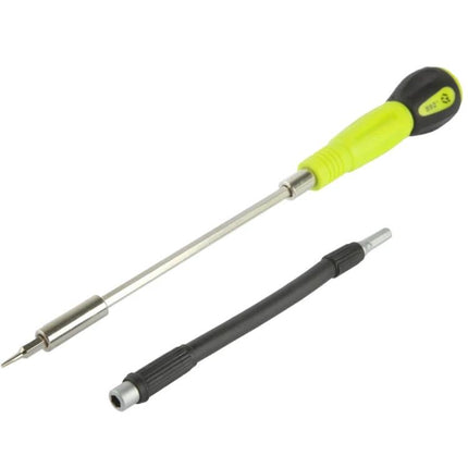 53-Piece Multi-Purpose Precision Screwdriver Set for Repairs shown with green-handled screwdriver and flexible extension for electronics and furniture tasks