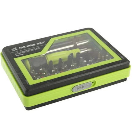 53-Piece Multi-Purpose Precision Screwdriver Set for Repairs in green case with assorted bits for electronics and DIY
