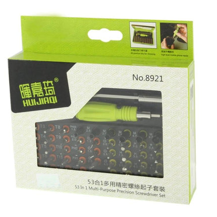 53-Piece Multi-Purpose Precision Screwdriver Set for Repairs in green case with handle and 53 assorted bits visible