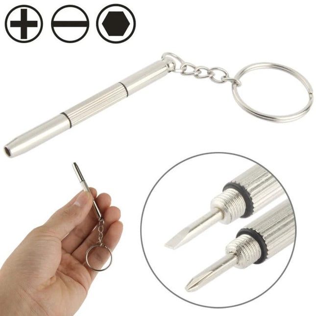 Versatile 3-in-1 Mini Screwdriver Set for Watches and Glasses keychain with slotted, Phillips and Allen bits for eyeglass and watch repair on the go