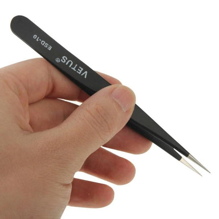 Anti-Static Tweezers for Precision Craft and Electronics Work - black stainless steel pointed tweezers held to pick small components safely