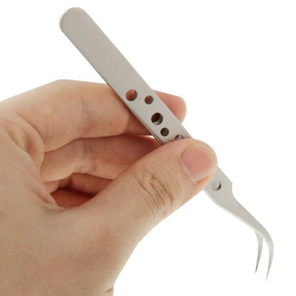 Corrosion-Resistant Curved Steel Tweezers for Precision Tasks held in hand showing curved tips and ventilated handle for electronics and delicate work