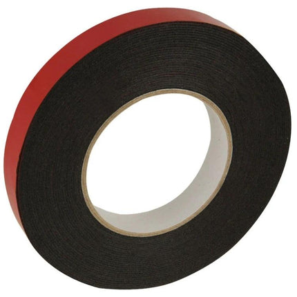 Double Sided Sponge Adhesive Tape for Everyday Mounting, 2cm x 10m - black foam roll with red liner for mounting, sealing, electronics and auto use
