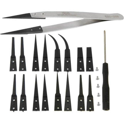 9-in-1 Replaceable Tweezers Set for Precision Electronics Tasks showing stainless tweezers, 18 replaceable tips, screwdriver and screws for electronics work