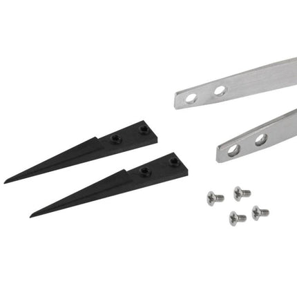 9-in-1 Replaceable Tweezers Set for Precision Electronics Tasks showing metal tweezer arms, two black replaceable tips and screws for assembly
