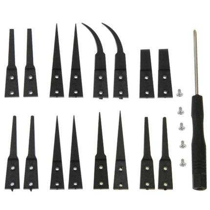 9-in-1 Replaceable Tweezers Set for Precision Electronics Tasks flat lay showing nine replaceable black tweezers tips, screwdriver and screws for electronics repair
