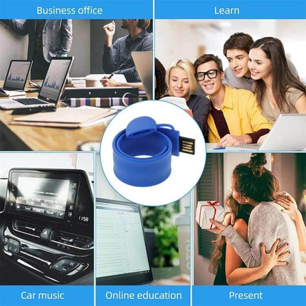 Silicone Bracelet USB Flash Drive with 16GB Storage showing blue wearable USB used for business, study, car music, online education and gifts