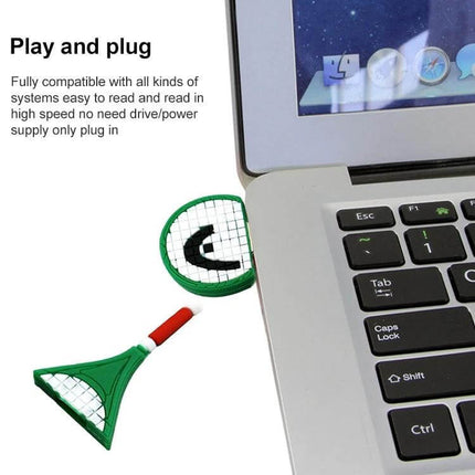 Tennis Racket Shaped USB Flash Drive for Everyday Data Storage plugged into laptop USB port, playful tennis racket design for files and backups