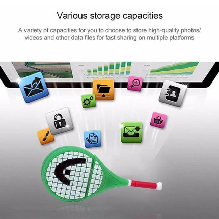 Tennis Racket Shaped USB Flash Drive for Everyday Data Storage - green racket USB beside colorful app icons for files and photos