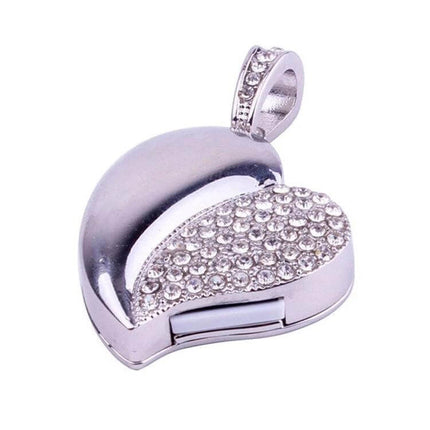 Silver Heart-Shaped Diamond USB Flash Drive with 16GB Storage — silver heart pendant USB drive studded with crystals for gifting