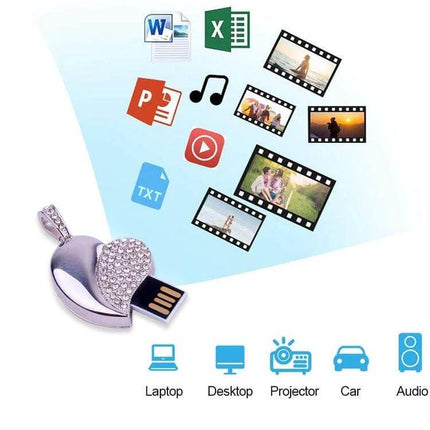 Silver Heart-Shaped Diamond USB Flash Drive with 16GB Storage - sparkling heart USB for photos, music, documents, gifting and portable file transfer
