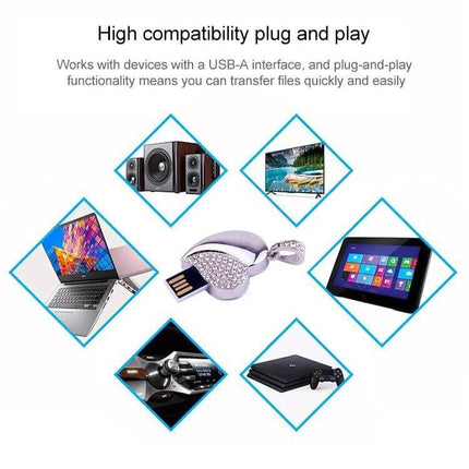 Silver Heart-Shaped Diamond USB Flash Drive with 16GB Storage shown with laptop, tablet, TV, speakers and gaming console compatibility
