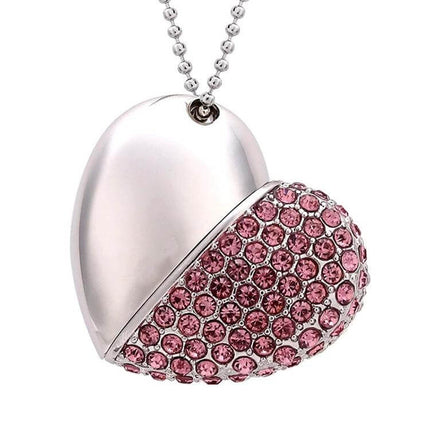 Elegant Heart Shaped Diamond USB Flash Drive for Gifting and Storage - silver heart pendant USB with pink crystal accents, 2GB